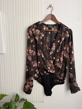 Lulus Lylah Black Floral Print Satin Long Sleeve Bodysuit
